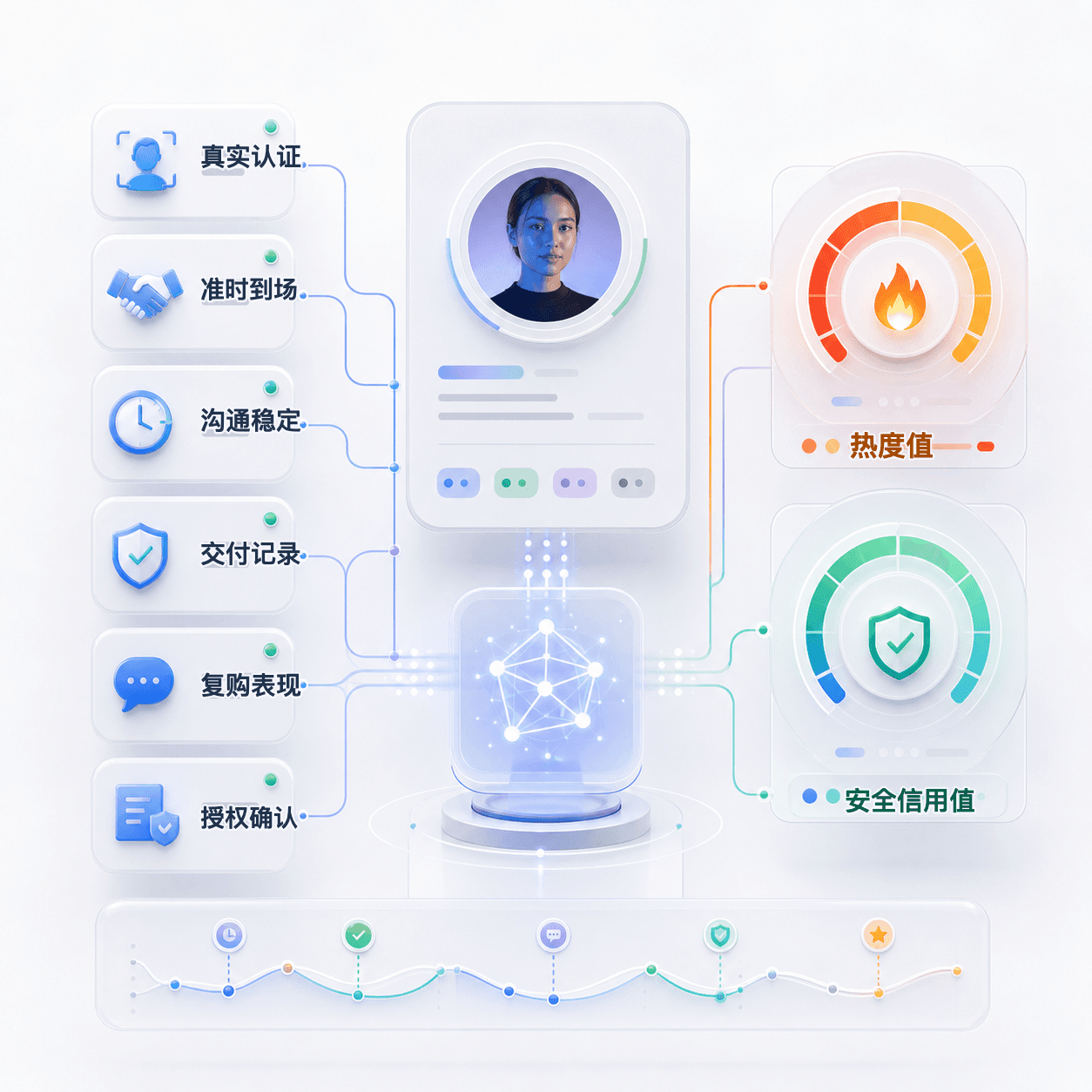 Algorithm dashboard illustration showing creator cooperation records feeding heat and credit score meters.