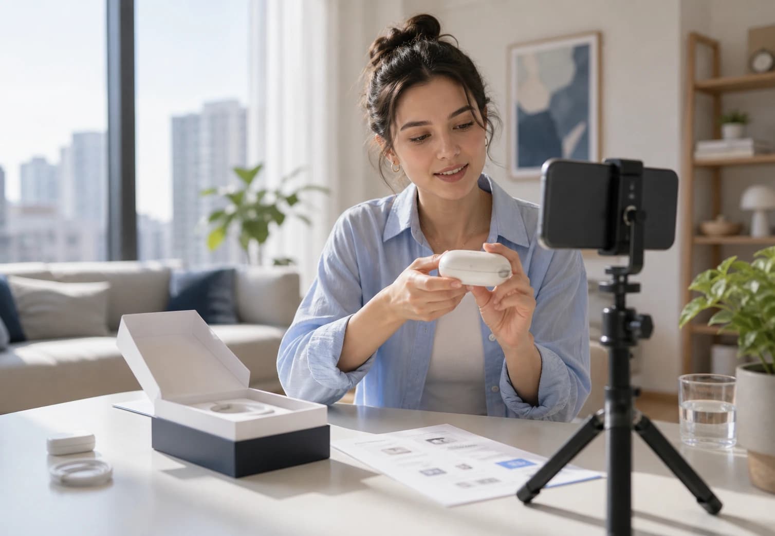 A creator filming a product demo for a paid sample UGC brief.